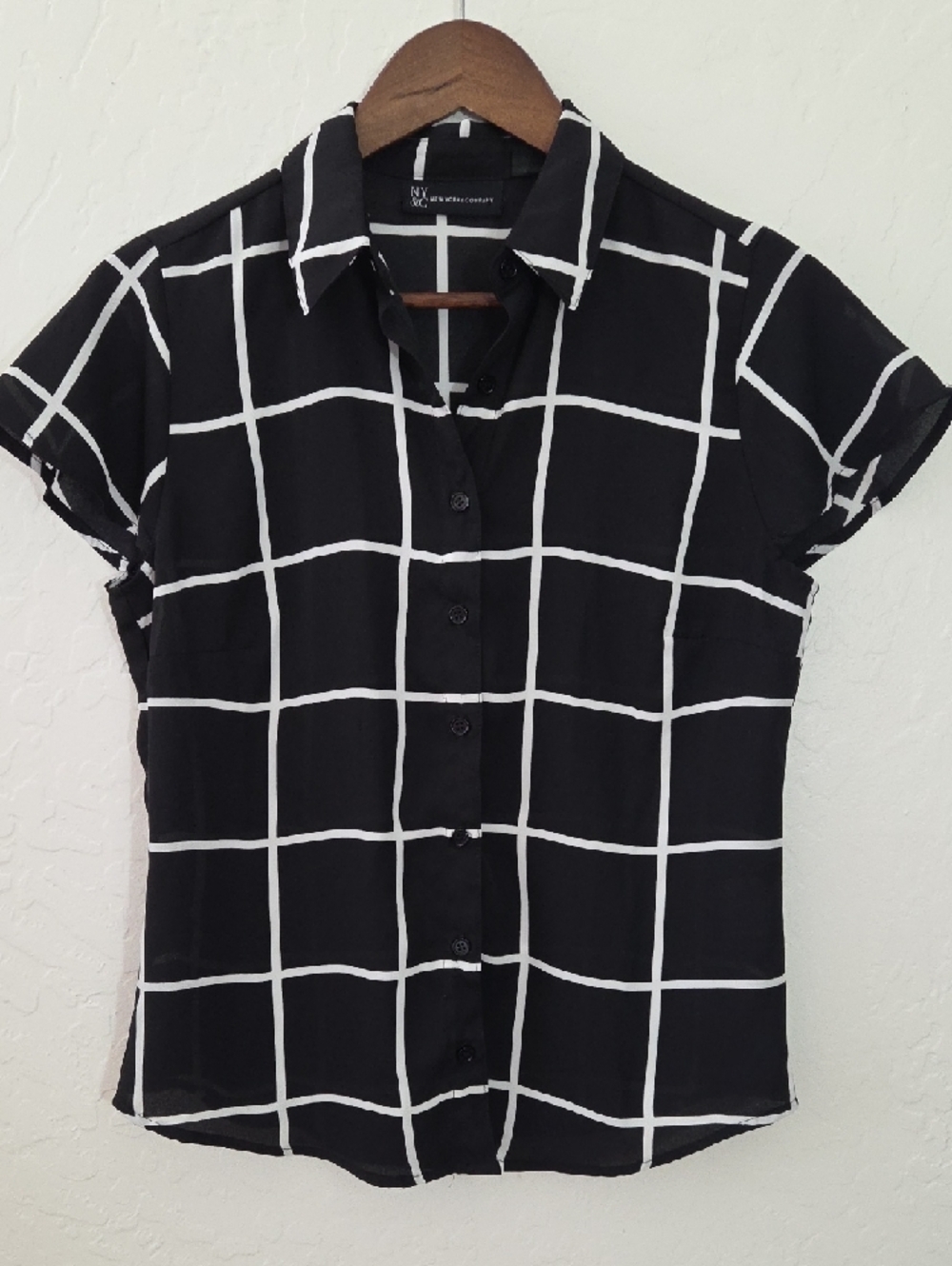 New York & Company Black and White Windowpane Sheer Blouse
